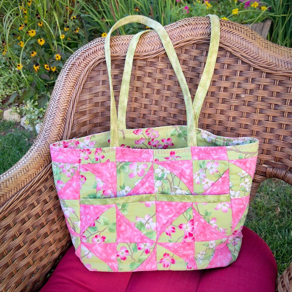 Handmade Vintage 90s Quilted Floral Patchwork Tote Bag Pink Green Dogwood Print
